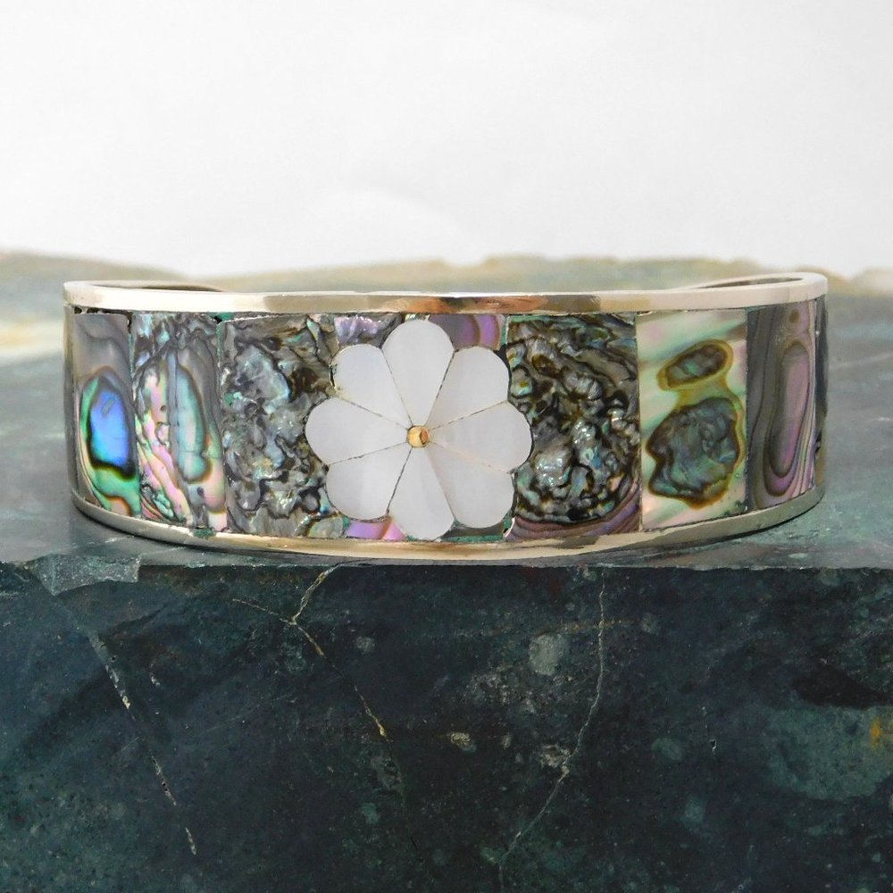 SOLD----Mexican Bracelet Alpaca Silver Abalone Shell MOP Retro Flower 6-1/4"